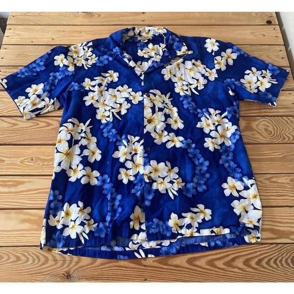 Vintage Hawaii Station Button Up Floral Shirt Size Large Men’s Blue Short Sleeve